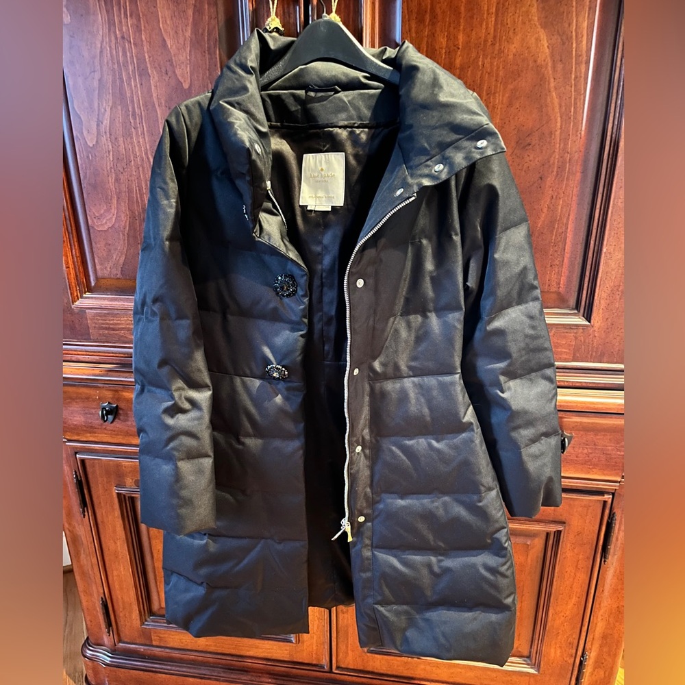 Kate Spade Elegant Jewel Button Black Puffer Coat w/Bow on Back (Like New) - Picture 5 of 14